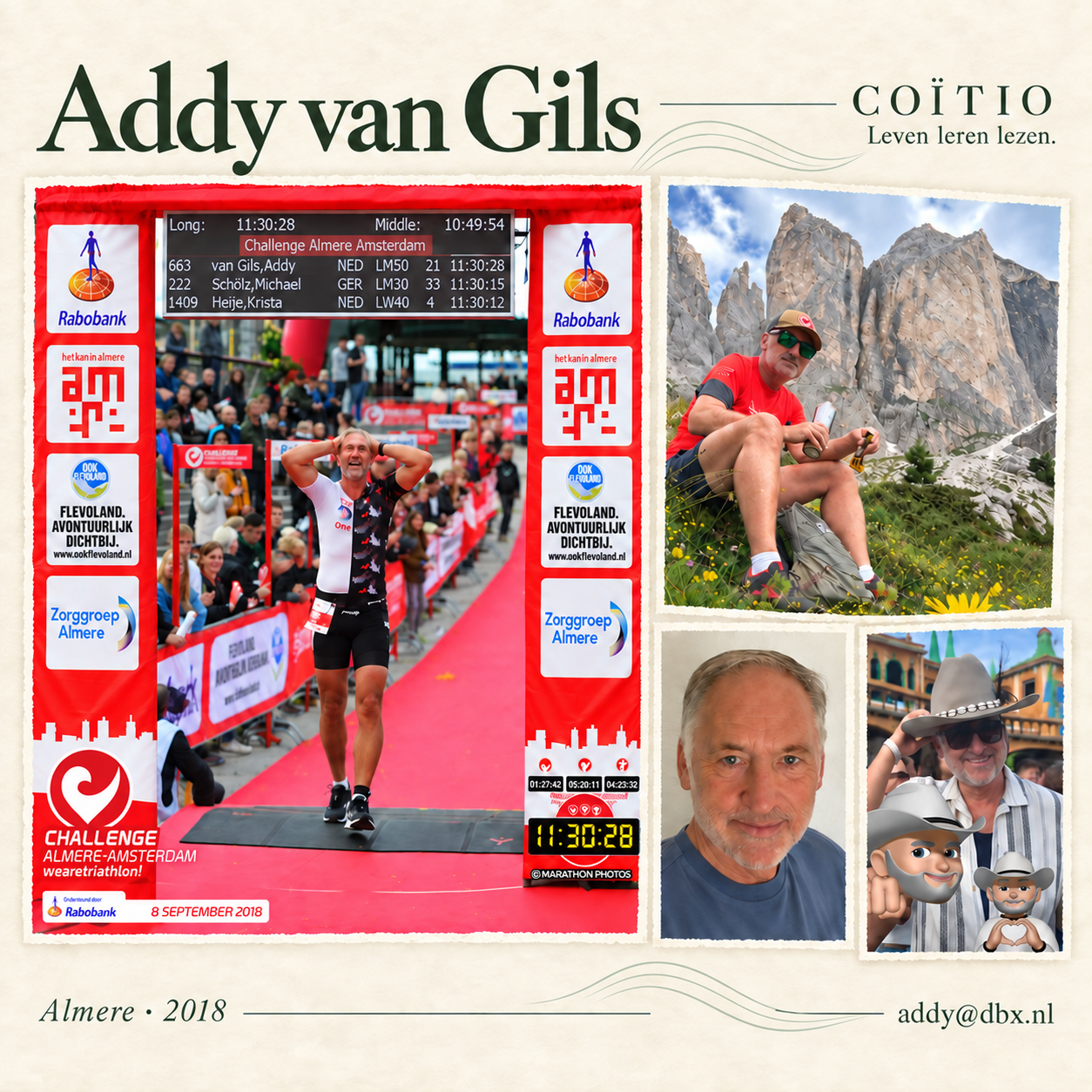 Collage van Addy: de finish in Almere in 2018, een bergwandeling, een portret en zijn avatar.